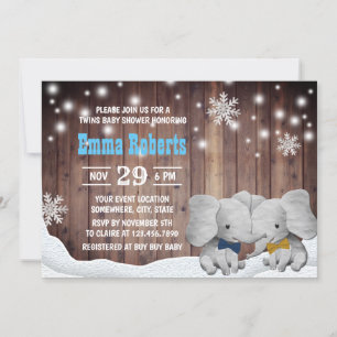 Invitación Snowflaes Baby Shower sobre el elefante Twins Boy