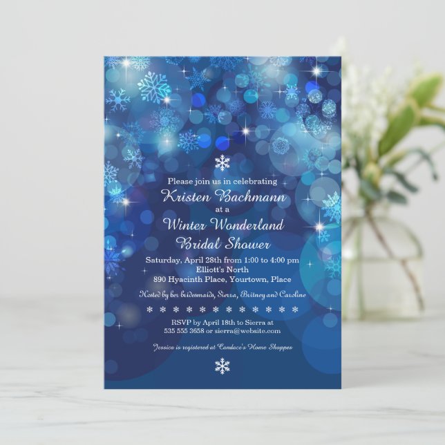 Invitación Snowflake Blue Bokeh Winter Bridal Shower (Anverso de pie)