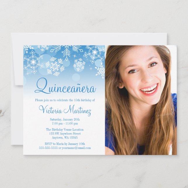 Invitación Snowflake Blue White Winter Wonderland Quinceanera (Anverso)