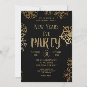Invitación Snowflake, Purpurina negro y dorado Nochevieja d