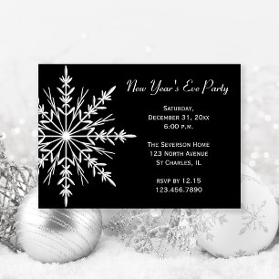 Invitación Snowflake sobre el Fiesta de Nochevieja Negro