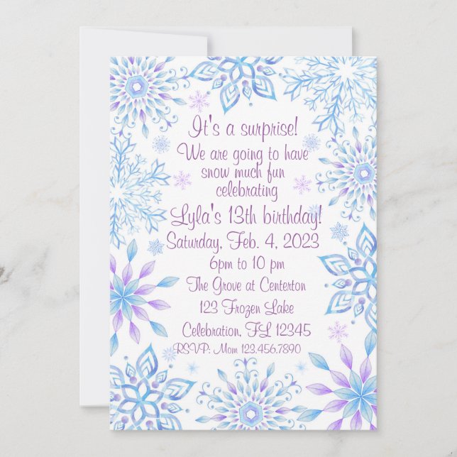 Invitación Snowflake Sorprende Nieve Mucha Diversión Cumpleañ (Anverso)