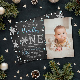Invitación Snowflake Winter Chalkboard Foto de primer cumplea