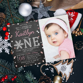 Invitación Snowflake Winter Chalkboard Foto de primer cumplea