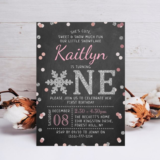 Invitación Snowflake Winter Chalkboard Primer cumpleaños (Subido por el creador)
