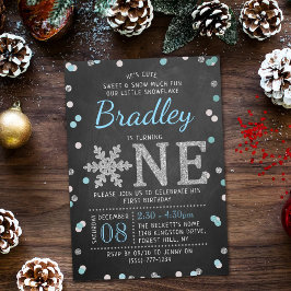 Invitación Snowflake Winter Chalkboard Primer cumpleaños