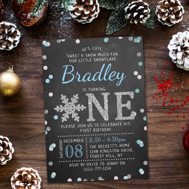 Invitación Snowflake Winter Chalkboard Primer cumpleaños (Subido por el creador)