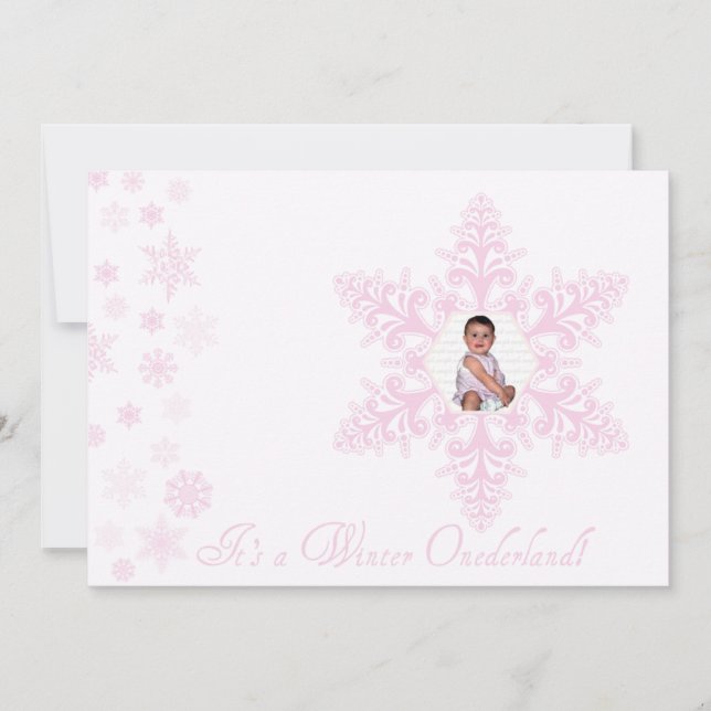Invitación Snowflakes Onederland Primer cumpleaños Rosa (Anverso)