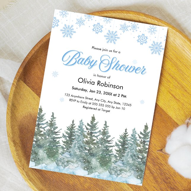 Invitación Snowflakes Pine Trees Winter Baby Shower (Snowflakes Pine Trees Winter Baby Shower Invitation )