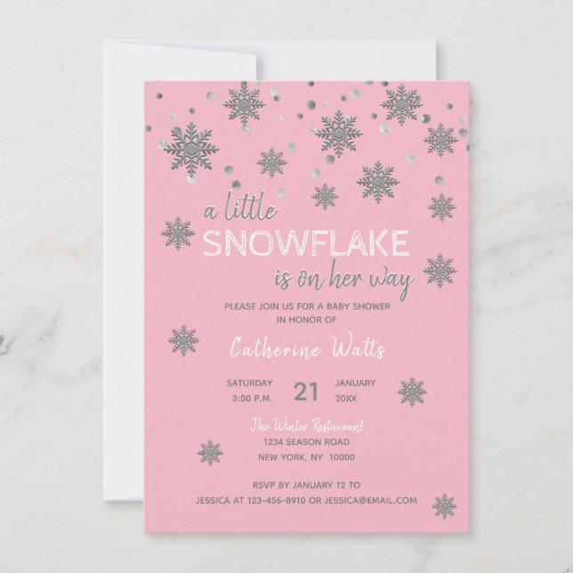 Invitación Snowflakes Pink Silver Gray BABY SHOWER | Chica (Anverso)