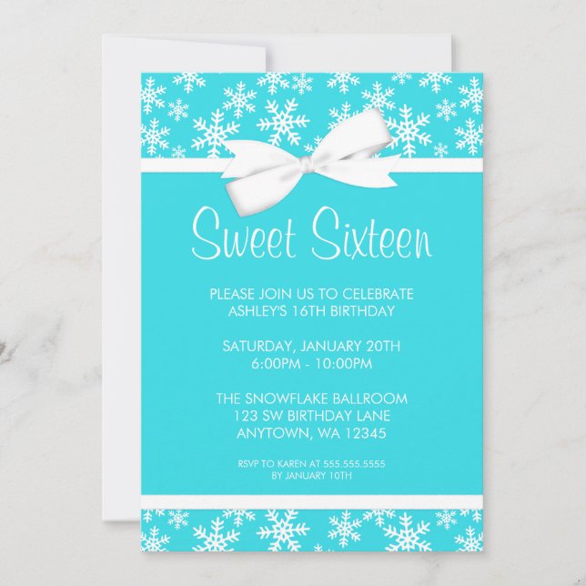 Invitación Snowflakes White Bow Winter Wonderland Sweet 16 (Anverso)