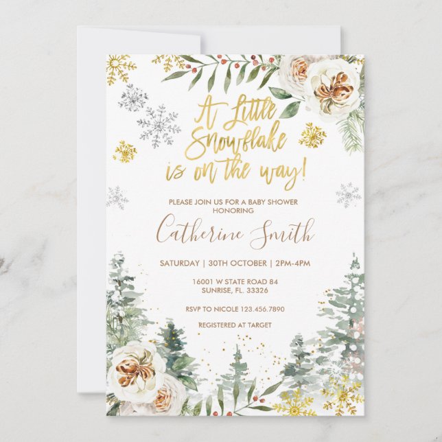 Invitación Snowflakes Winter White Floral Baby Shower (Anverso)