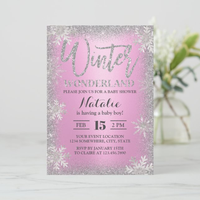 Invitación Snowflakes Winter Wonderland Baby Shower rosa (Anverso de pie)