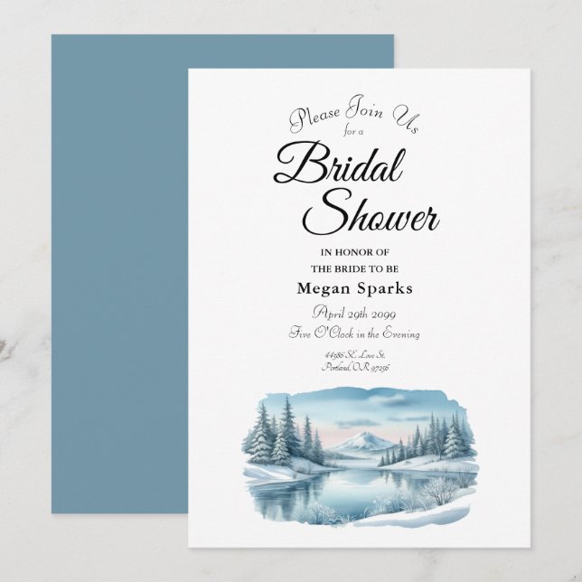 Invitación Snowley Mountain Winter Lake Bridal Shower (Anverso / Reverso)