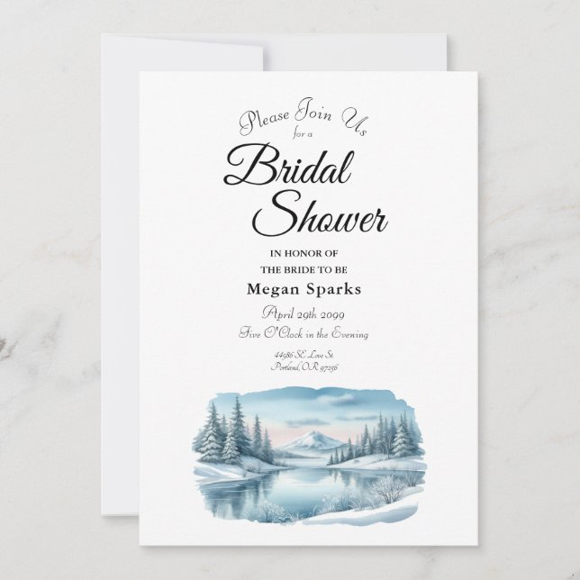 Invitación Snowley Mountain Winter Lake Bridal Shower (Anverso)