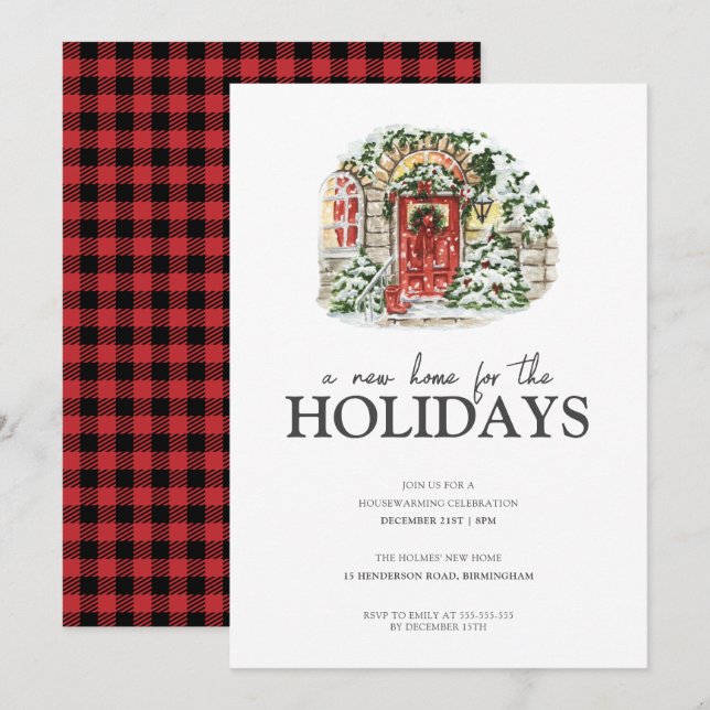 Invitación Snowley Winter Village Red Plaid Fiesta Calentador (Anverso / Reverso)