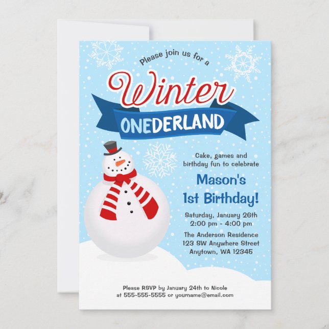 Invitación Snowman Boy Winter ONEderland Primer cumpleaños (Anverso)