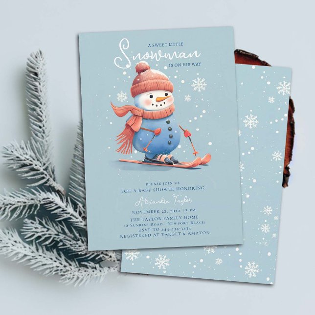 Invitación Snowman en Ski Deportes de Invierno Blue Boy Baby  (sweet little snowman winter baby boy shower invitation sports skiing snow snowflakes watercolor cute)