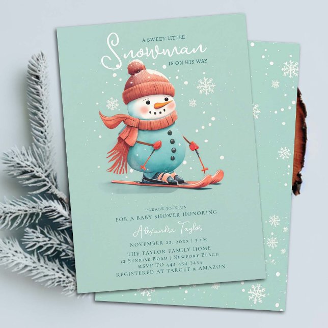 Invitación Snowman en Ski Deportes de Invierno Niño Verde azu (snowman boy baby shower invitation winter sports skiing watercolor cute adorable teal blue orange )