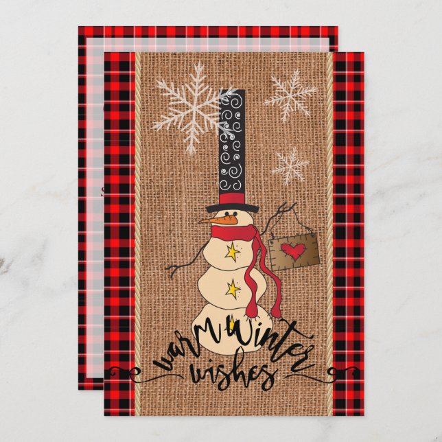 Invitación Snowman Feliz Navidad con brocha y burlap (Anverso / Reverso)