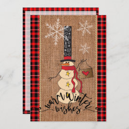 Invitación Snowman Feliz Navidad con brocha y burlap