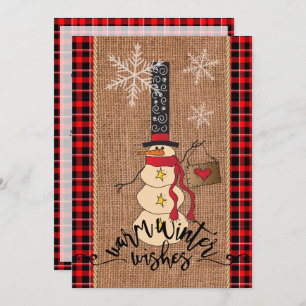 Invitación Snowman Feliz Navidad con brocha y burlap