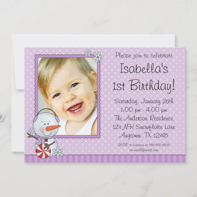 Invitación Snowman Purple Winter foto cumpleaños (Anverso)