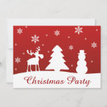 Invitación Snowman, reno de árbol de Navidad<br><div class="desc">Moderno y minimalista ilustracion de Navidades simples con siluetas blancas de reno,  árbol,  muñeco de nieve y copos de nieve con Feliz Navidad con fondo rojo.</div>