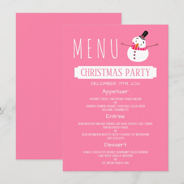 Invitación Snowman rosado, menú Fiesta de Navidades (Anverso / Reverso)