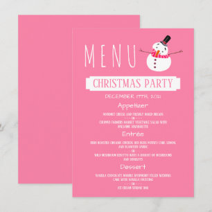 Invitación Snowman rosado, menú Fiesta de Navidades
