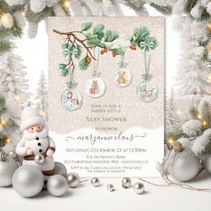 Invitación Snowowy Christmas Tree Branch Ornament Baby Shower