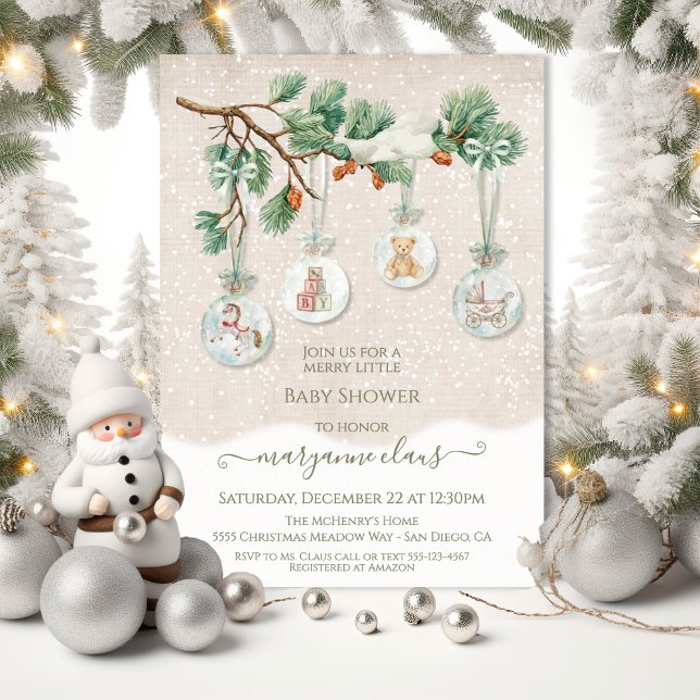 Invitación Snowowy Christmas Tree Branch Ornament Baby Shower (Subido por el creador)