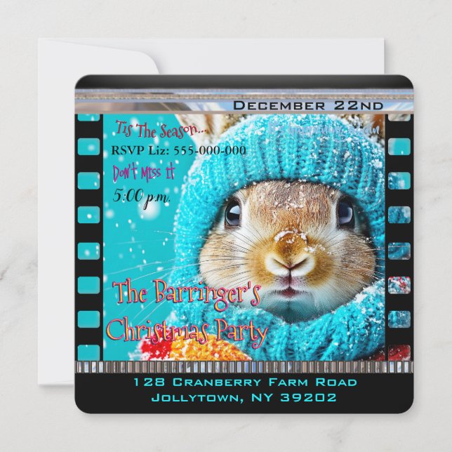 Invitación Snowy Blue Bunny Navidades Fiesta (Anverso)