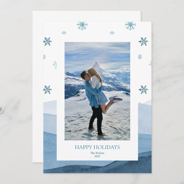 Invitación Snowy Blue Holiday Photo Card (Anverso / Reverso)