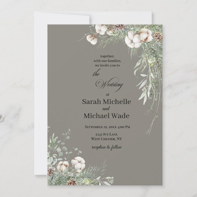 Invitación Snowy Greenery Wedding Invitation (Anverso)
