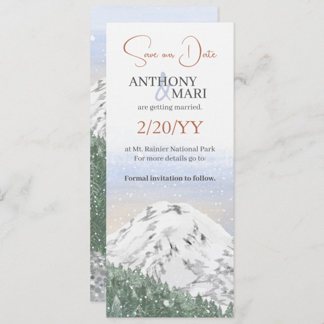 Invitación Snowy Mountain, Falling Snow & Forest (Anverso / Reverso)