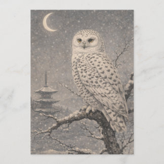 Invitación Snowy Owl Postcard, Japanese Pagoda Moon Scene