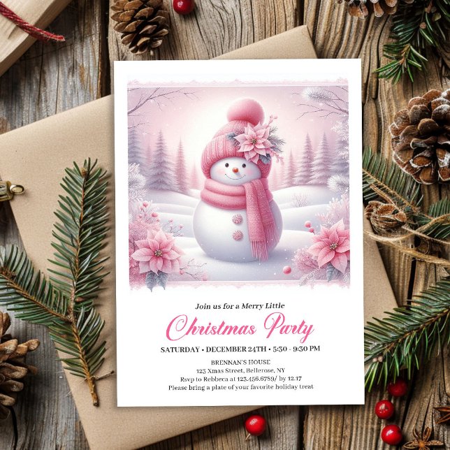 Invitación Snowy Pink Coquette Snowman Editable Kids Christma (Snowy Pink Coquette Snowman Editable Kids Christmas Invite)