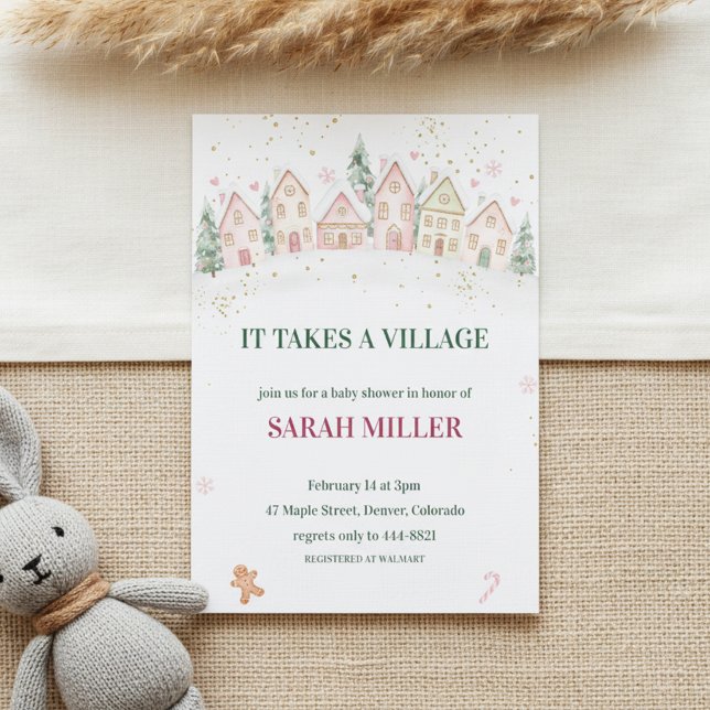 Invitación Snowy Village Winter Baby Shower ("Christmas Baby Invite"
"Snow Cottage Shower")