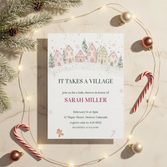Invitación Snowy Village Winter Baby Shower ("snowy village baby"
"Holiday Baby Party")