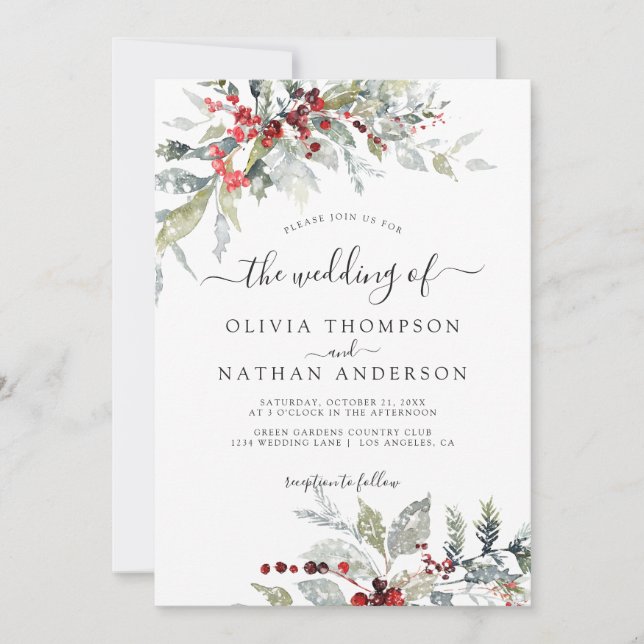 Invitación Snowy Winter Berries Boda de Monograma Botánico (Anverso)