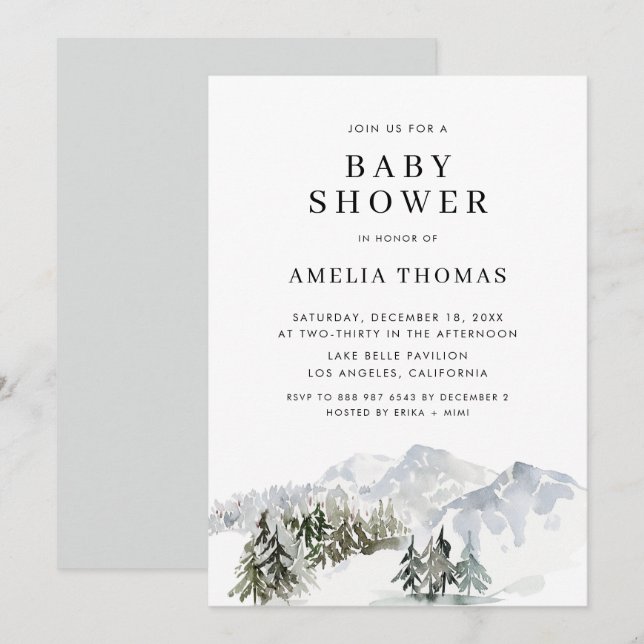 Invitación Snowy Winter Forest Woodland Baby Shower (Anverso / Reverso)