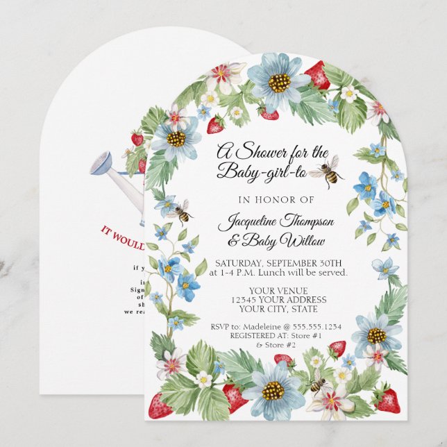 Invitación So Berry Sweet Strawberry Girl to Bee Baby Shower (Anverso / Reverso)