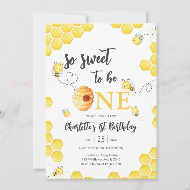 Invitación So Sweet To Be One Honey Bee 1st Birthday (Anverso)