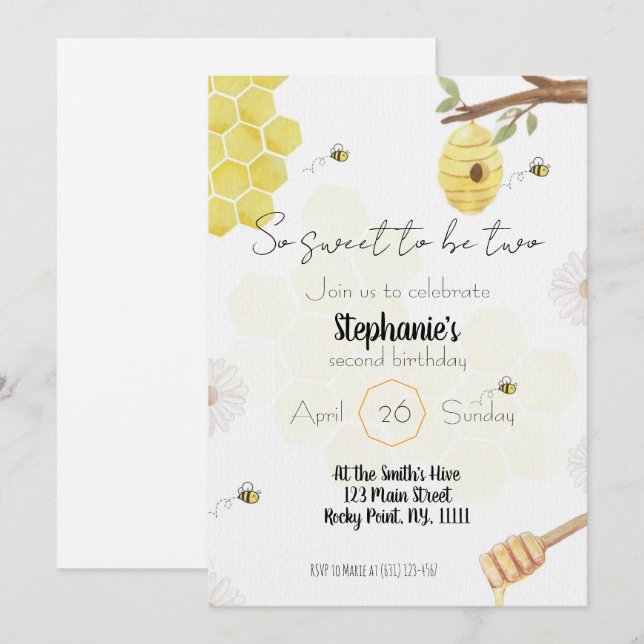 Invitación so sweet to be two- bee edit birthday invitation (Anverso / Reverso)