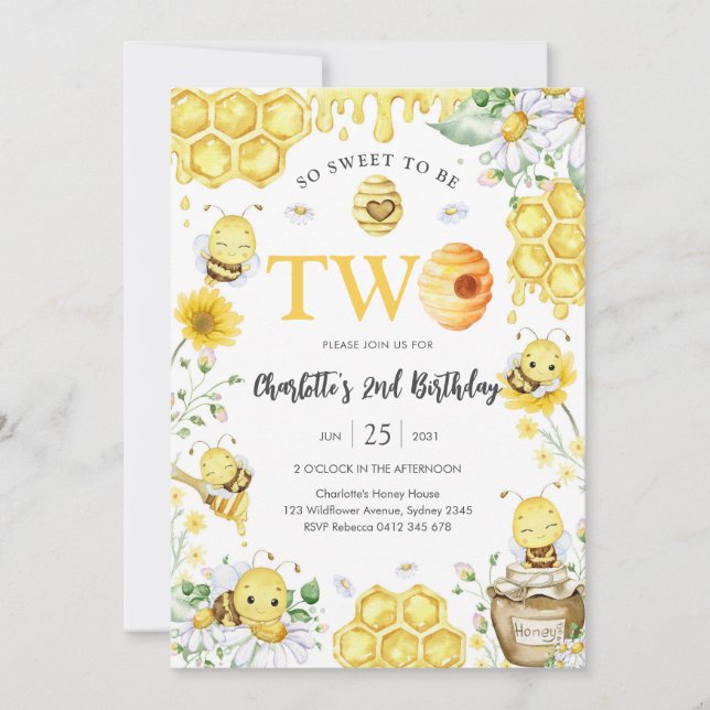 Invitación So Sweet To Be Two Honey Bee 2nd Birthday (Anverso)