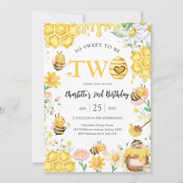 Invitación So Sweet To Be Two Honey Bee 2nd Birthday (Anverso)