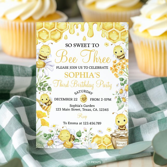 Invitación So Sweet To Bee Three Honey Bee Floral Birthday (Subido por el creador)