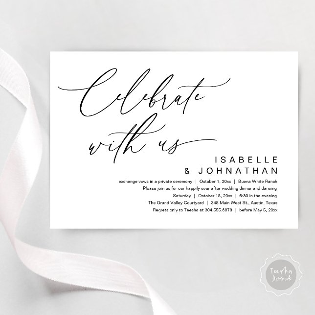 Invitación So, We Eloped, Romantic Wedding Dinner Party (Romantic Wedding Dinner Party, Celebrate with us Lunch Brunch Modern Invites Card  PDF White Black)