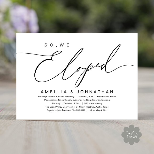 Invitación So, We Eloped, Romantic Wedding Elopement Party (So, We Eloped, Modern Romantic Wedding Dinner Brunch Lunch Party Invitation Card PDF Black White)